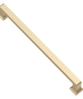 Straight Fire Brushed Gold Cabinet Pulls And Drawer Handles Six Pack Seriously Heavy Duty Metal For Kitchen Cupboards And Closets No Sweat Install Classic Americana Edge close-up of a brushed gold cabinet pull.
