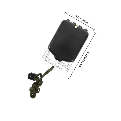 Dimensions of Multifunction Hiking Compass With Luminous Dial And Ruler, Portable Survival Navigation Tool for outdoor use.