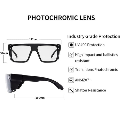 Go To Transition Photochromic Safety Glasses With UV400 Grey Lenses And Ansi Z87 Impact Resistant Wraparound Frame shown from front and side with dimensions.
