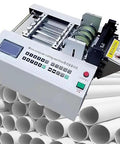 Top Tier 250W Automatic Heat Shrink Tube Cutter High Precision Electric Pipe Cutting Machine on a stack of white tubes.