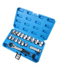 Precision Built 17 Piece Socket Wrench Set With 12 Point Pass Through Design And Chrome Vanadium Steel in blue case.