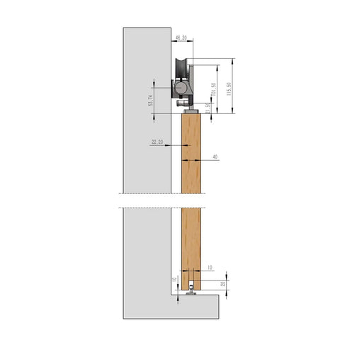 Heavy Duty Sliding Barn Door Hardware Kit In Brushed Stainless Steel detailed diagram showing dimensions and installation for quiet smooth glide.