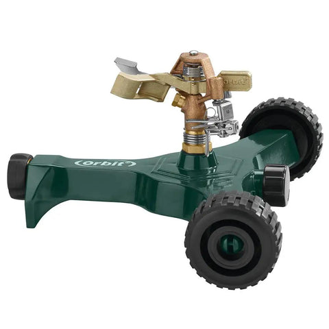 No-Fuss Half Inch Brass Impact Sprinkler With Metal Wheel Base Delivers Even Water Distribution For Lawn And Garden
