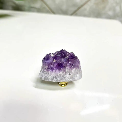 Premium Set Of Two Natural Amethyst Gemstone Cabinet Knobs And Heavy Duty Drawer Pulls Featuring Smooth Purple Crystal Finish To Level Up Your Home Decor Game Today, side view on white background.
