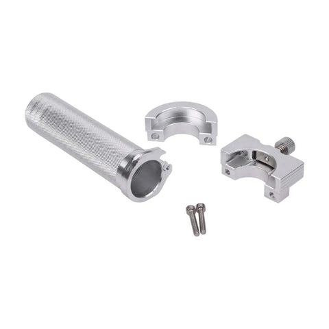 Upgrade Your Ride With Sick 25Mm Cnc Aluminum Twist Throttle Grips For Motorcycles featuring silver throttle grip and mounting parts.