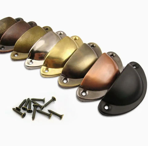 10 Piece Heavy Duty Antique Bronze Cup Pulls Top Shelf Vintage Shell Drawer Handles in various finishes with screws included.
