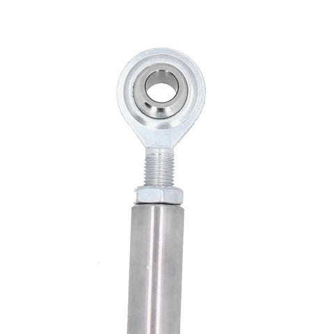 Close-up view of a solid 3/8 inch heim joint connected to a stainless steel rod for alternator brackets. Heavy Duty Adjustable Alternator Bracket With Solid 3 8 Inch Heim Joint And Universal Engine Tensioner Rod For Small Block And Big Block Chevy 350 454 V8s Built Bad To Roll Smooth Through Every Mile You Hit.