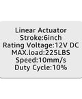 Beefy 6 Inch Stroke 12V Electric Linear Actuator With 225Lbs Load Capacity, label showing specifications and features