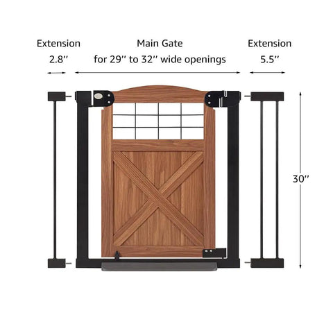 Solid Wood Farmhouse Barn Door Dog Gate Gliding Smooth Operator Style adjustable for 29 to 32 inch openings, 30 inches tall.