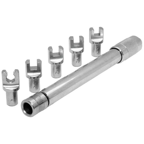 7-Piece Adjustable Spoke Torque Wrench Set in a Sleek Black Aluminum Body, Calibrated to Plus or Minus 2 Percent Accuracy, S45C High-Carbon Steel Heads Heat Treated to HRC 40-45, Includes Nm and Kg-m Cross Reference Chart and Case with interchangeable heads.