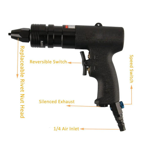 Straight Up Reliable Heavy Duty Adjustable Speed Pneumatic Rivet Nut Gun With Quick Swap Self Locking Tips And Built Tough Industrial Design for fastener setup on steel panels.