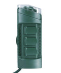 Tall green heavy duty outdoor yard stake electrical hub with three control buttons for garden use.