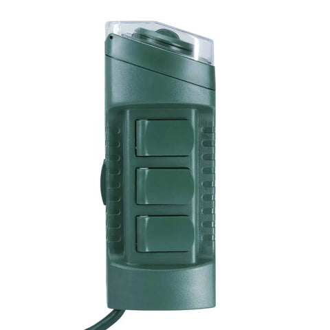 Tall green heavy duty outdoor yard stake electrical hub with three control buttons for garden use.
