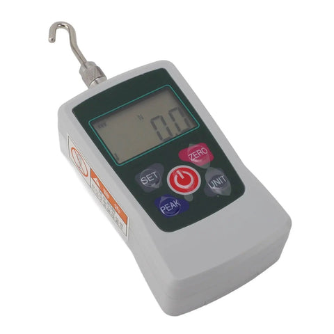Top Shelf Digital Force Gauge 30N To 300N Handheld Push Pull Tester showing a digital display with buttons for unit settings.