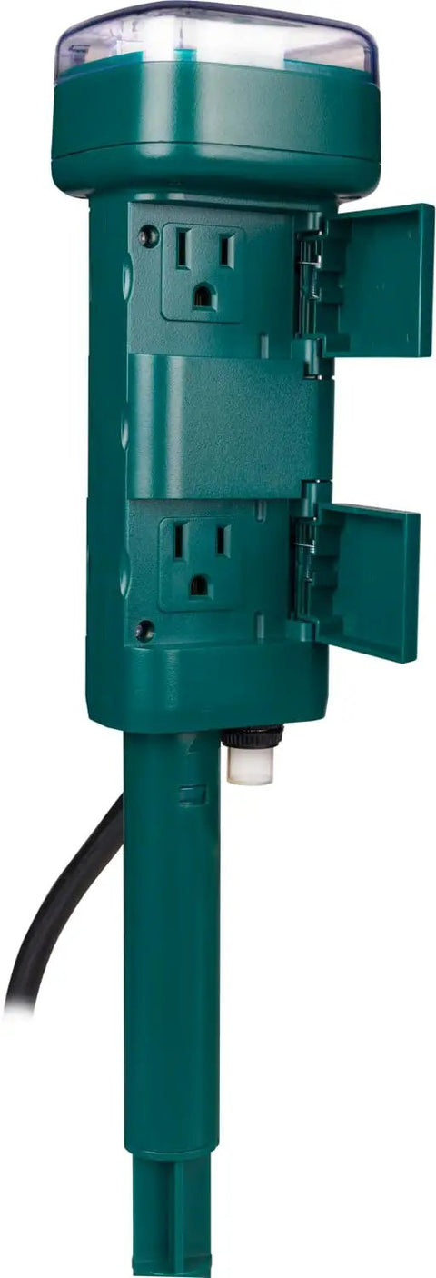 Rock Solid Outdoor Power Stake Timer With Six Grounded Outlets And Photocell Auto Switch with open covers and heavy duty design.