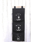 Three Pocket Wall Mounted Closet Organizer Hanging Storage For Clothes Tissue Socks Small Essentials Super Tough Cotton Linen Fabric with cute animal designs.