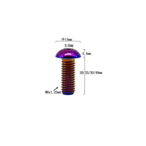 Badass Gr5 Aviation Grade Titanium Screws M8 X 20 mm Iso7380 Button Head Hex Socket Cap Bolts In Slick Burnt Blue Finish Tough As Nails Fasteners For Hot Rods And Heavy Duty Gear Pack Of Five, showing side view with measurements.