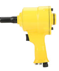 Built Like A Tank Pneumatic Rivet Gun Featuring An Easy Grip Design And Rapid Air Powered Drive For Auto Repair And Metal Fabrication 2 Point 4 To 4 Point 8 mm Fasteners In Bright Yellow side view showing the black nozzle and grip.