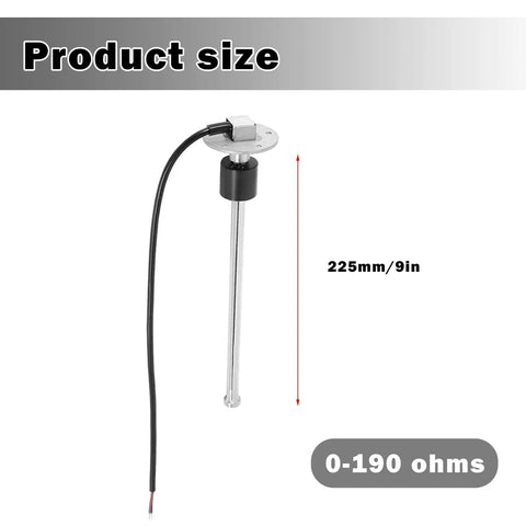 Built Tough Marine Fuel Sending Unit 0 To 190 Ohm 9 Inch Stainless Steel Gas Tank Level Sensor showing size and measurement.