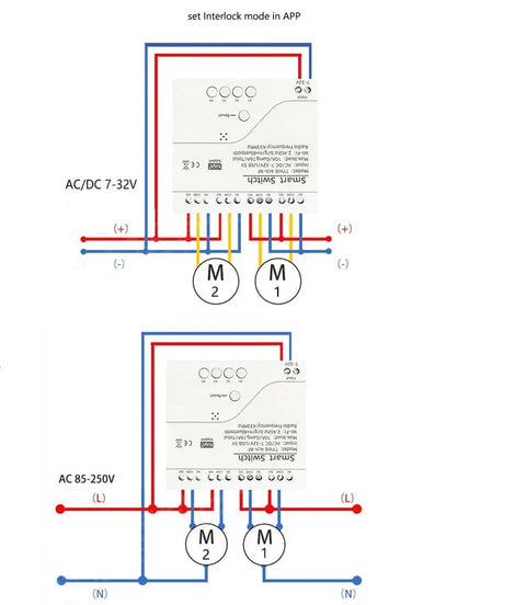 Diagram showing wiring for 4 Channel Smart WiFi Relay Module with Bluetooth and RF Remote Control, 7-32V DC or 85-250V AC.