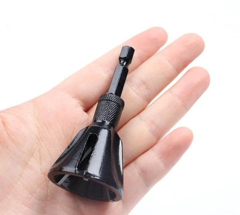Hand holding Two Piece External Deburring Chamfer Tool With Carbide Blades For Heavy Duty Deburring Of Damaged Screws Bolts And Fasteners Pro Grade
