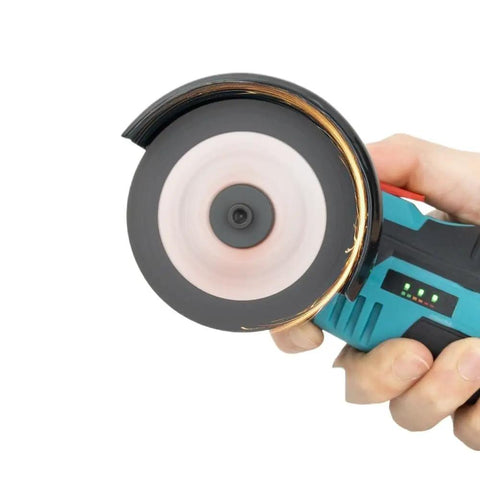 Close-up of Kickstart Your Next Big Project With This Savage 12 Volt Mini Angle Grinder cutting metal with blade in hand.