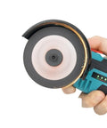 Badass 12v Mini Angle Grinder With Rechargeable Cordless Battery For Heavy Duty Grinding Polishing And Diamond Cutting Jobs showcasing spinning disc in hand.