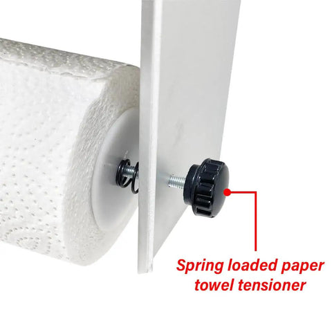 Spring-loaded paper towel tensioner on Made in USA Aluminum Work Station Organizer For Garages And Trailers, Compact Flip Out Tray Ten By Twelve Inch, Pre Drilled Mounting Holes With Hardware, Small Space Cabinet For Auto Shops, Five Year Warranty.