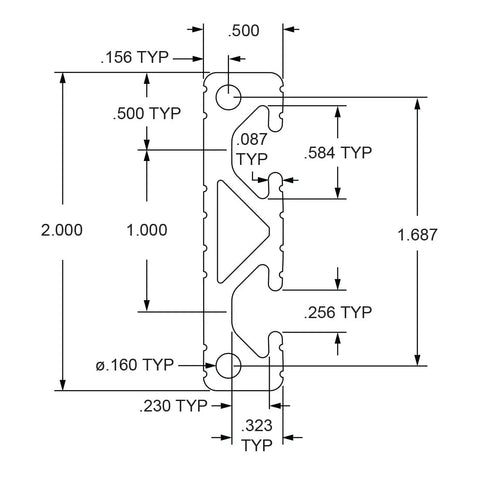 Tough As Nails T Slotted Aluminum Extrusion Linear Rail Bar dimensions illustration, showcasing half by 2 inch profile details.