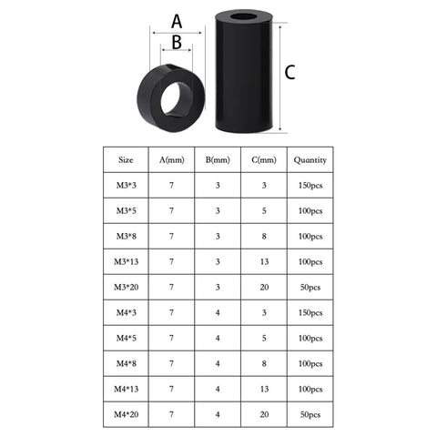 Dang Solid Black Nylon Round Spacers Assortment Kit With M3 And M4 Plastic Standoffs size info and quantity display