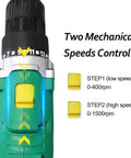 Rock Solid 12V Cordless Drill Set With Keyless Chuck And Two Speed Gearbox showing speed control settings and dial.