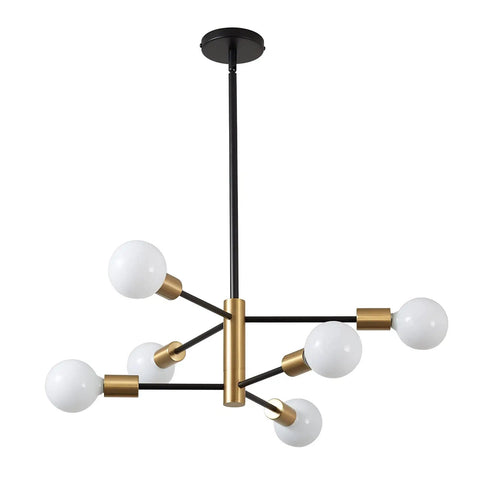 Dope Black And Gold 6 Light Sputnik Chandelier For Dining Room Living Room Kitchen Island And Bedroom Modern Mid Century Ceiling Fixture With Rust Resistant Electroplating And Durable Build shown with white globe bulbs.