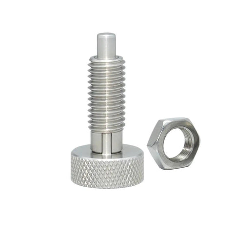 Industrial Grade Stainless Steel Locking Spring Screw Indexing Plunger With No Sweat Pull And Twist Action For Rock Solid Jig Fixtures And Precision Assembly Builds with attached nut.