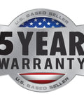 5 Year Warranty badge on metal background with U.S. flag design, symbolizing quality assurance for Fifty Foot Heavy Duty Extension Cord.
