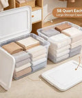 Clear Plastic Storage Containers With Snap Lids 58 Quart Medium Organization Bins with neatly folded towels in a closet.