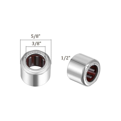 Five Piece Top Shelf Needle Roller Bearing Kit 3 8 Inch Bore 5 8 Inch Rim 1 2 Inch Span Rc061008 Auto Clutch Install side view showing dimensions and chrome steel rollers.
