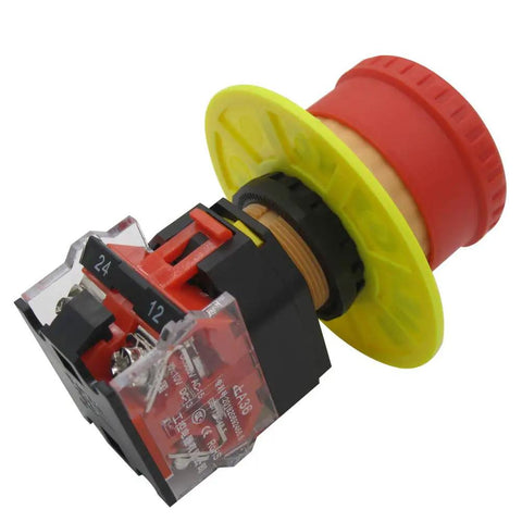 Red Mushroom Emergency Stop Push Button Switch 22mm Mount Hole 2NC Latching 600V AC 10A side view with yellow base