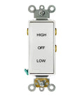 Decora Plus Rocker Switch Two Speed With Off High Low Off Center Off Double Throw Maintained Contact Single Pole 15 Amp 120 To 277 Volt White Quiet AC Switch Ideal For Home And Office Lighting Installations, front view.