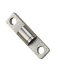 Front view of a silver door hinge component with two mounting holes and an embedded rotating shaft.