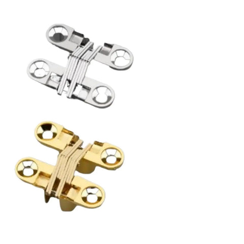 Heavy Duty Zinc Alloy Hidden Hinge One Pack Premium Gold Finish Smooth Swing Folding Cross Hinge for cabinet and cupboard, showing gold and silver options.
