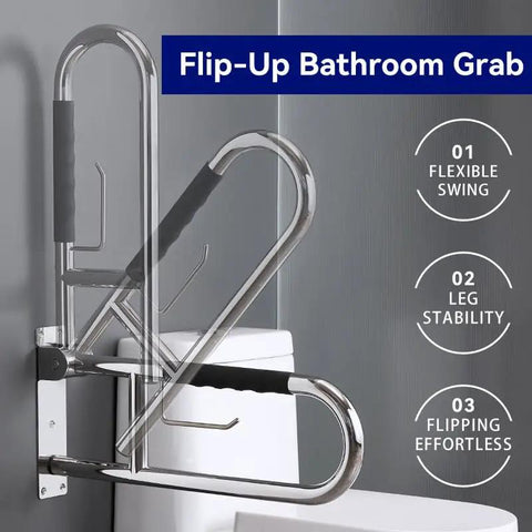 Solid 23.6 Inch Flip Up Toilet Grab Bar With Hella Secure Soft Silicone Anti Slip Grip And Built In Roll Holder Rock Solid 304 Stainless Steel U Shaped Safety Rail For Wet Bathrooms mounted on wall.