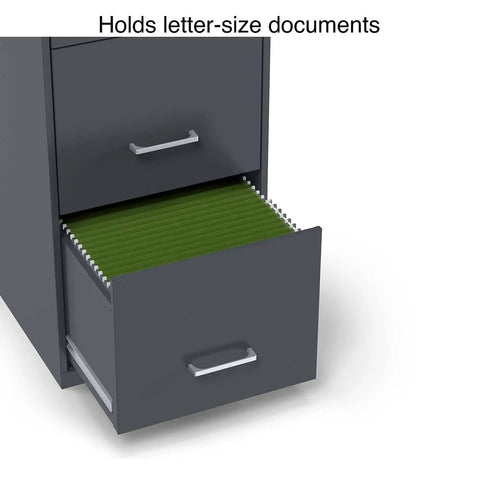 Open drawer of Three Drawer Vertical File Cabinet for Office Lockable and Mobile Holds Letter Size Documents Charcoal Steel Organizer