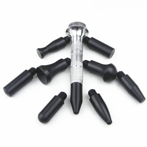 Close-up of Premium Two Piece Auto Body Dent Repair Kit With Slick Dent Remover Pen and Drop In Heads on a white background.