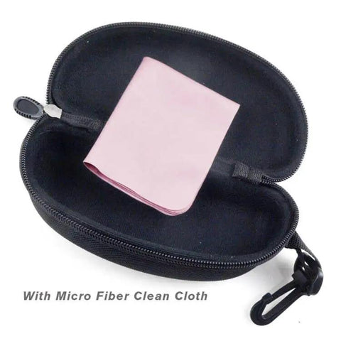 Top Shelf Professional Laser Safety Glasses With OD 8 Plus Tough Eye Protection For Blue Red And Green Lasers Covering 190Nm To 1100Nm Wavelengths With Sweet UV Blocking Coating And Snazzy Frame Six For Every Tech Setup stored in a black case with pink microfiber cleaning cloth.