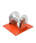 Heavy Duty Cable Guide Wheel With Ground Mount Steel Support Bracket And Slick Aluminum Pulley Roller, red metal base and aluminum roller.