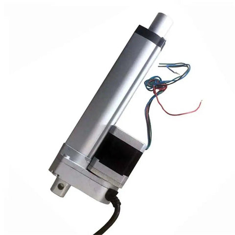 Bulletproof Linear Actuator Featuring Nema 17 Stepper Motor With 200Mm To 400Mm Stroke DC Electric Push Rod side view showing silver casing and wiring.