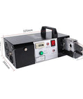 Top Rated Em-6b2 Electric Terminal Crimping Machine With Integrated Wire Cutting And Stripping Pliers side view with controls and measurements.