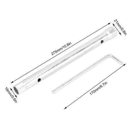 Heavy Duty Double Head Spark Plug Socket Wrench With 16mm And 21mm Hex Sockets Plus Extended Reach Bar, showing 275mm extension rod.