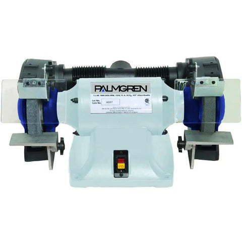 Badass 8 Inch Bench Grinder With Rock Solid 3 4hp Three Phase Motor And Slick Dust Extraction Setup For Heavy Metal Fabrication and Tilt Angled Grinds In Your Workshop, front view.