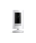 Outdoor Battery Security Camera Stick Up Cam With Live View And Color Night Vision Two Way Talk Motion Alerts Weather Resistant Alexa Compatible Easy Mount For Home Or Business White shown from the front on a stand.